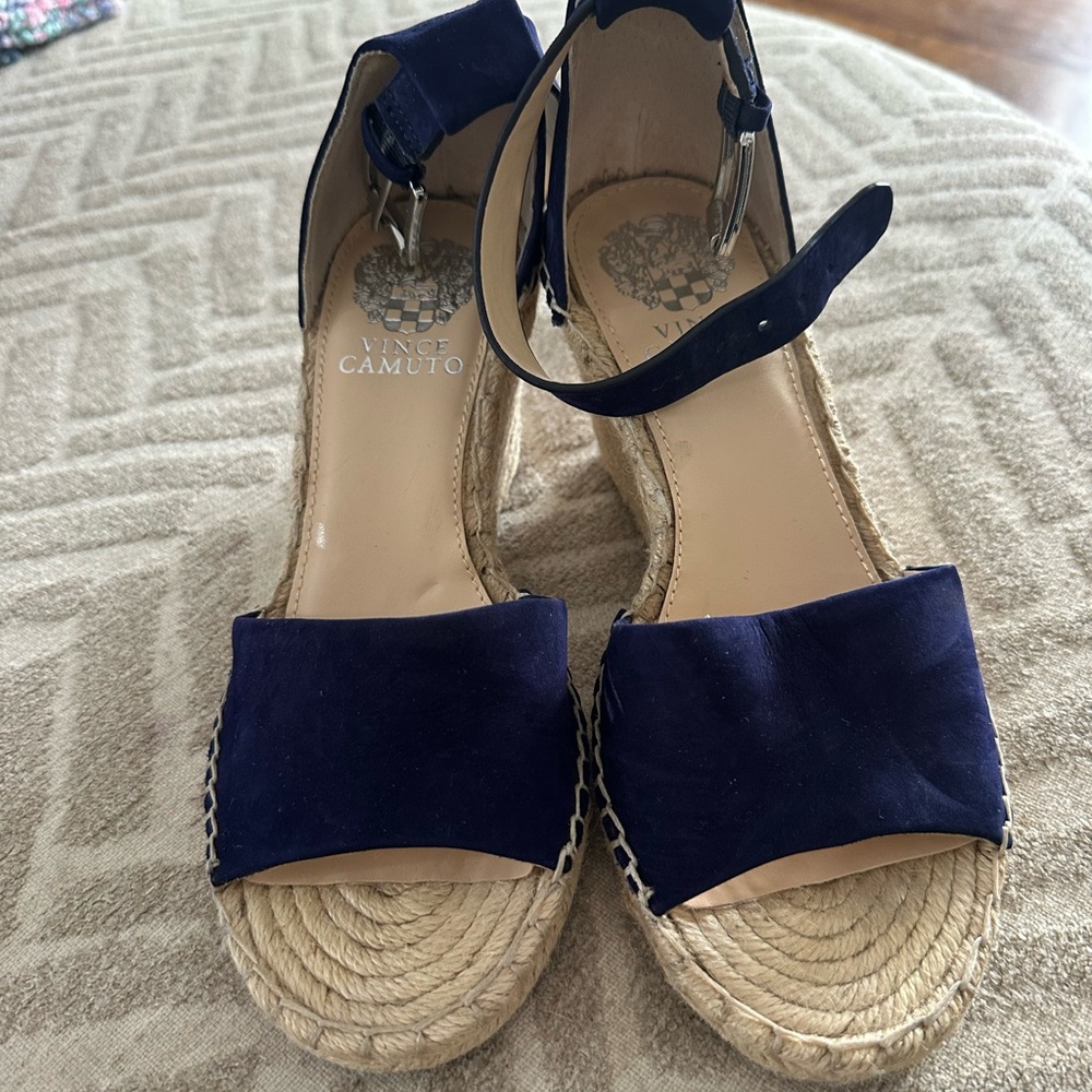 Women's Vince Camuto wedge sandals. Size 6.5. Navy and straw.